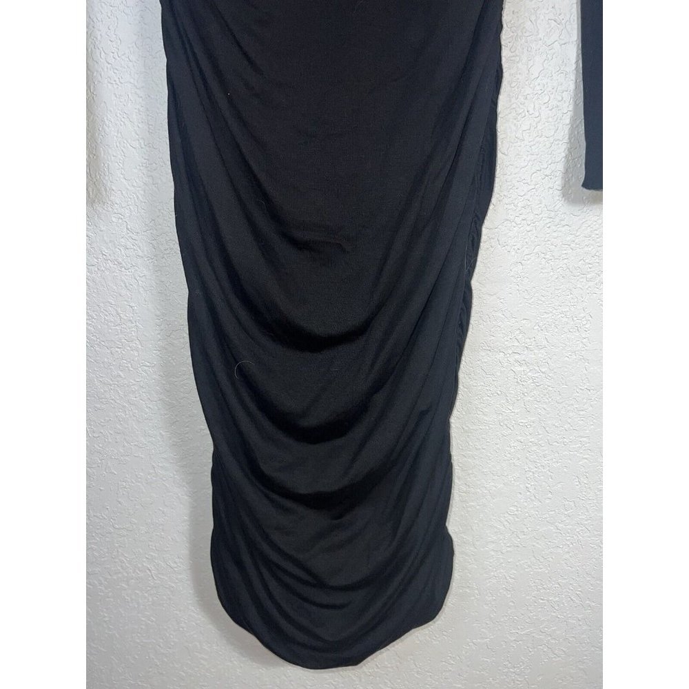 GOOD American Dress Size 3 Large Black Midi Slinky Ruched Jersey Long Sleeve T - Picture 12 of 13